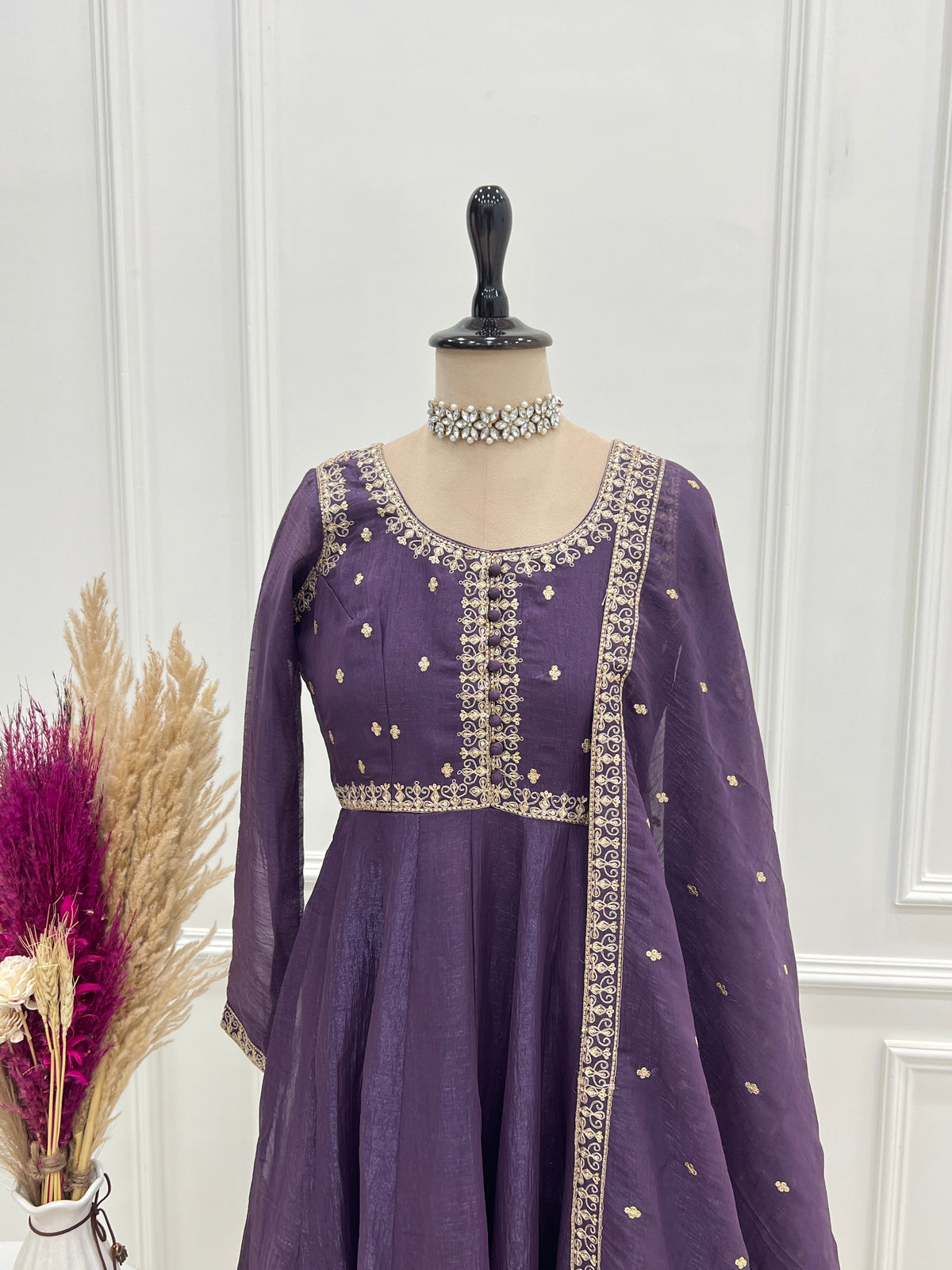 Crunchy Silk 4M Flair Anarkali Gown with Yoke Potli Work & Embroidered Dupatta