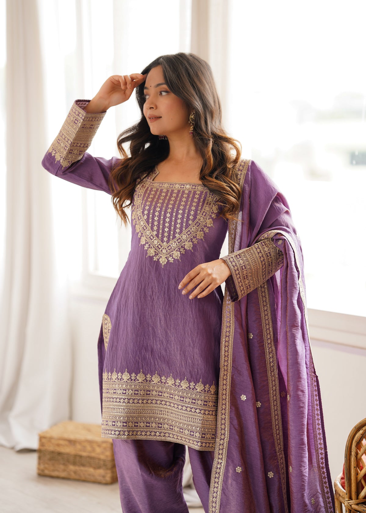 Onion Pink & Sea Green NC Vichitra Silk Embroidered Farshi Shalwar Set with Yoke Work & Dupatta