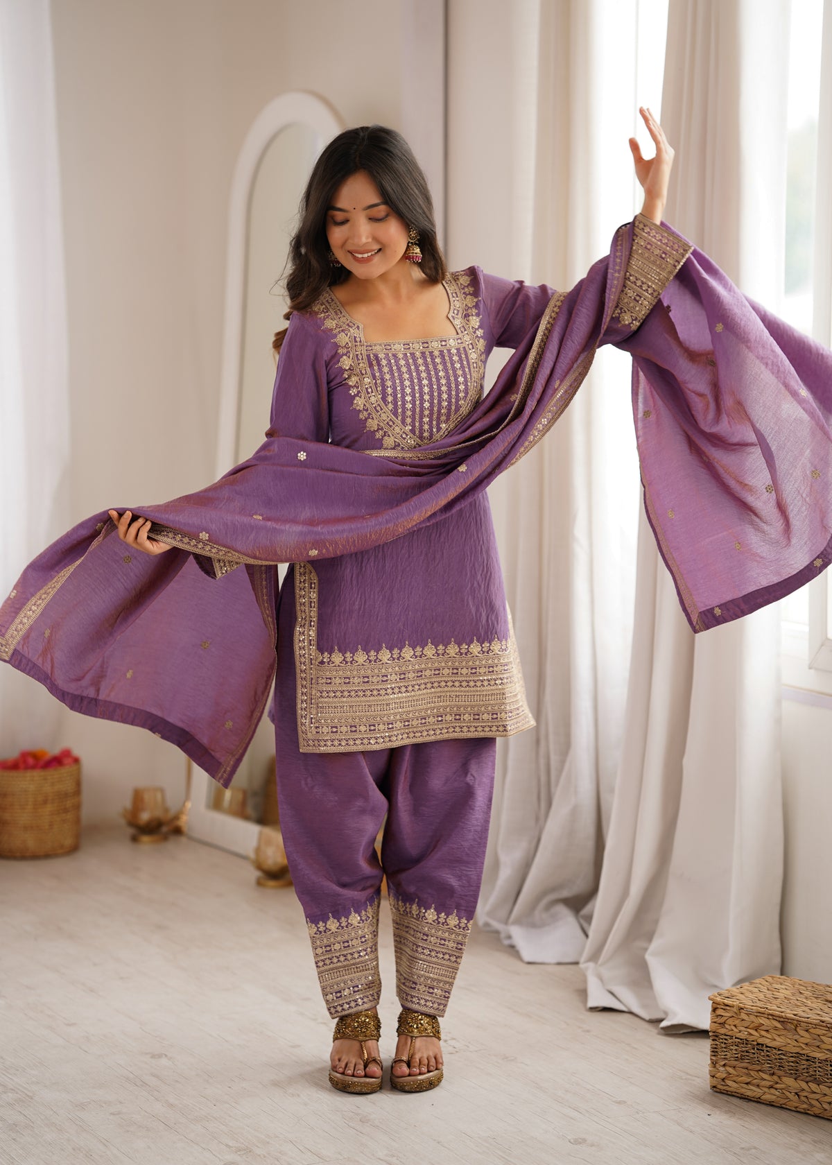 Onion Pink & Sea Green NC Vichitra Silk Embroidered Farshi Shalwar Set with Yoke Work & Dupatta