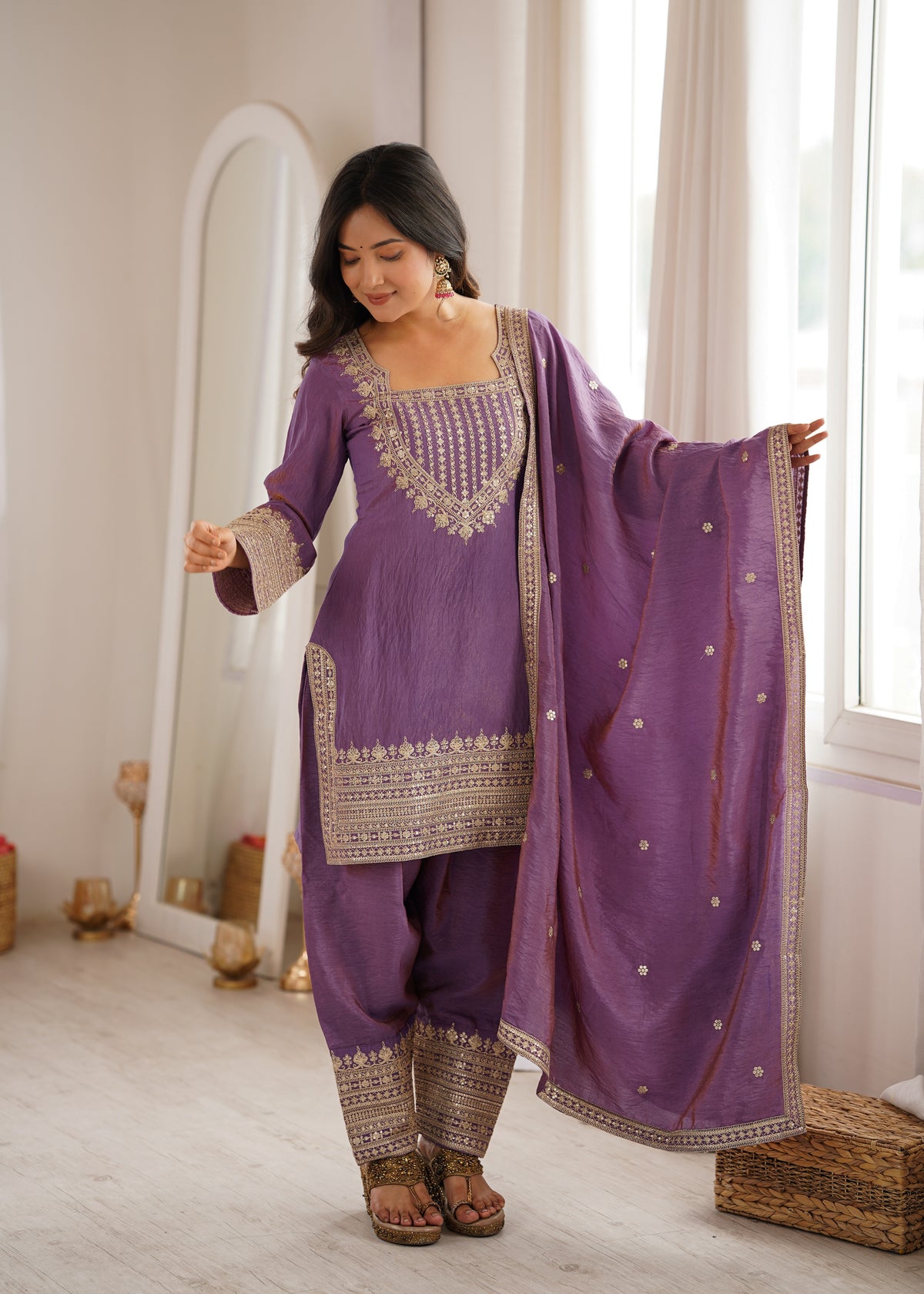 Onion Pink & Sea Green NC Vichitra Silk Embroidered Farshi Shalwar Set with Yoke Work & Dupatta