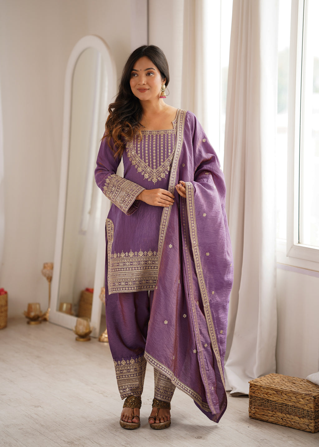 Onion Pink & Sea Green NC Vichitra Silk Embroidered Farshi Shalwar Set with Yoke Work & Dupatta