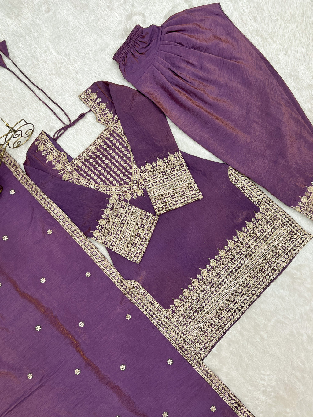 Onion Pink & Sea Green NC Vichitra Silk Embroidered Farshi Shalwar Set with Yoke Work & Dupatta