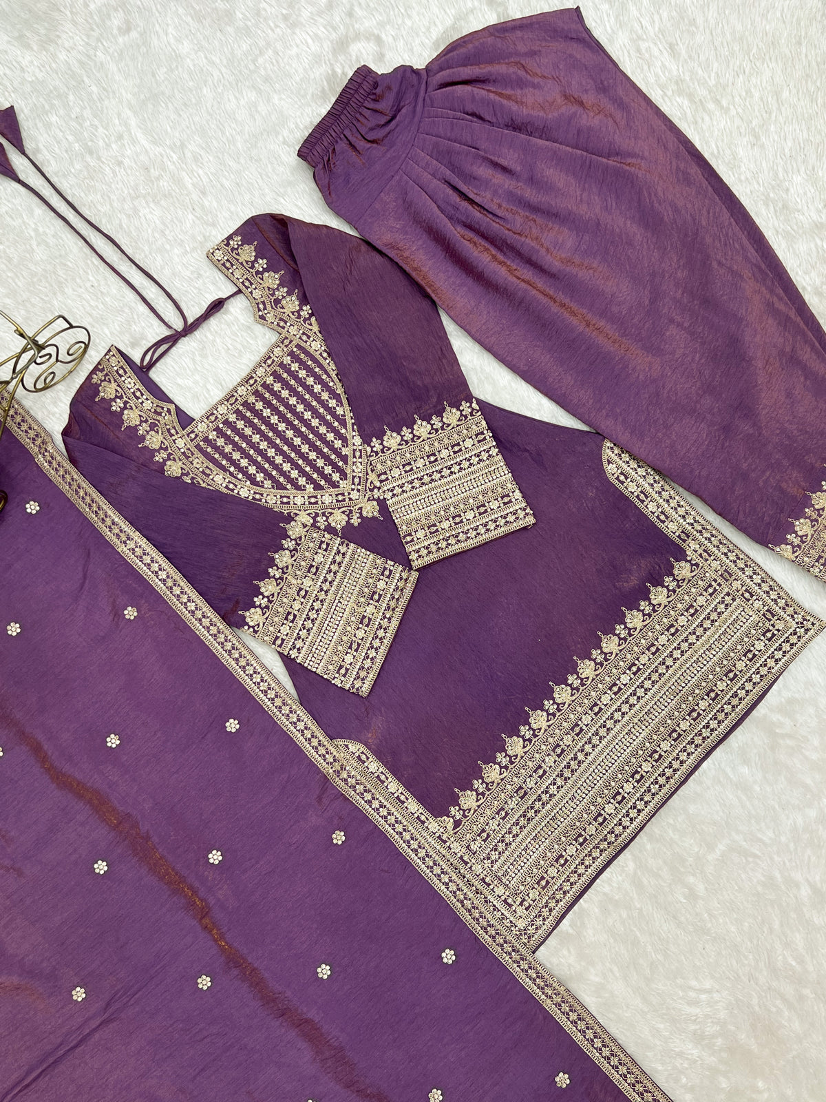 Onion Pink & Sea Green NC Vichitra Silk Embroidered Farshi Shalwar Set with Yoke Work & Dupatta