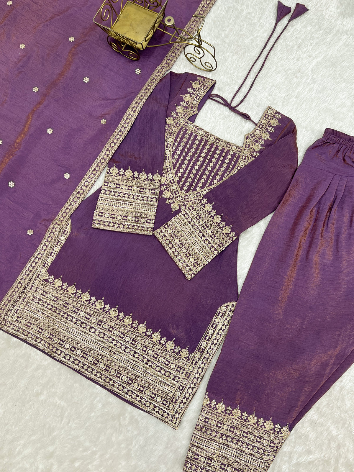 Onion Pink & Sea Green NC Vichitra Silk Embroidered Farshi Shalwar Set with Yoke Work & Dupatta