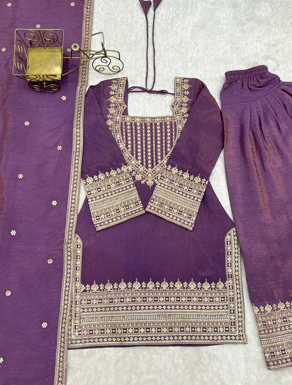 Onion Pink & Sea Green NC Vichitra Silk Embroidered Farshi Shalwar Set with Yoke Work & Dupatta