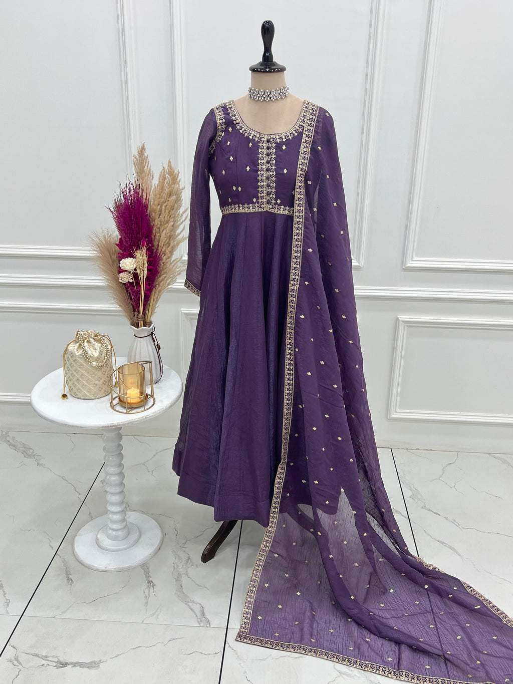 Crunchy Silk 4M Flair Anarkali Gown with Yoke Potli Work & Embroidered Dupatta