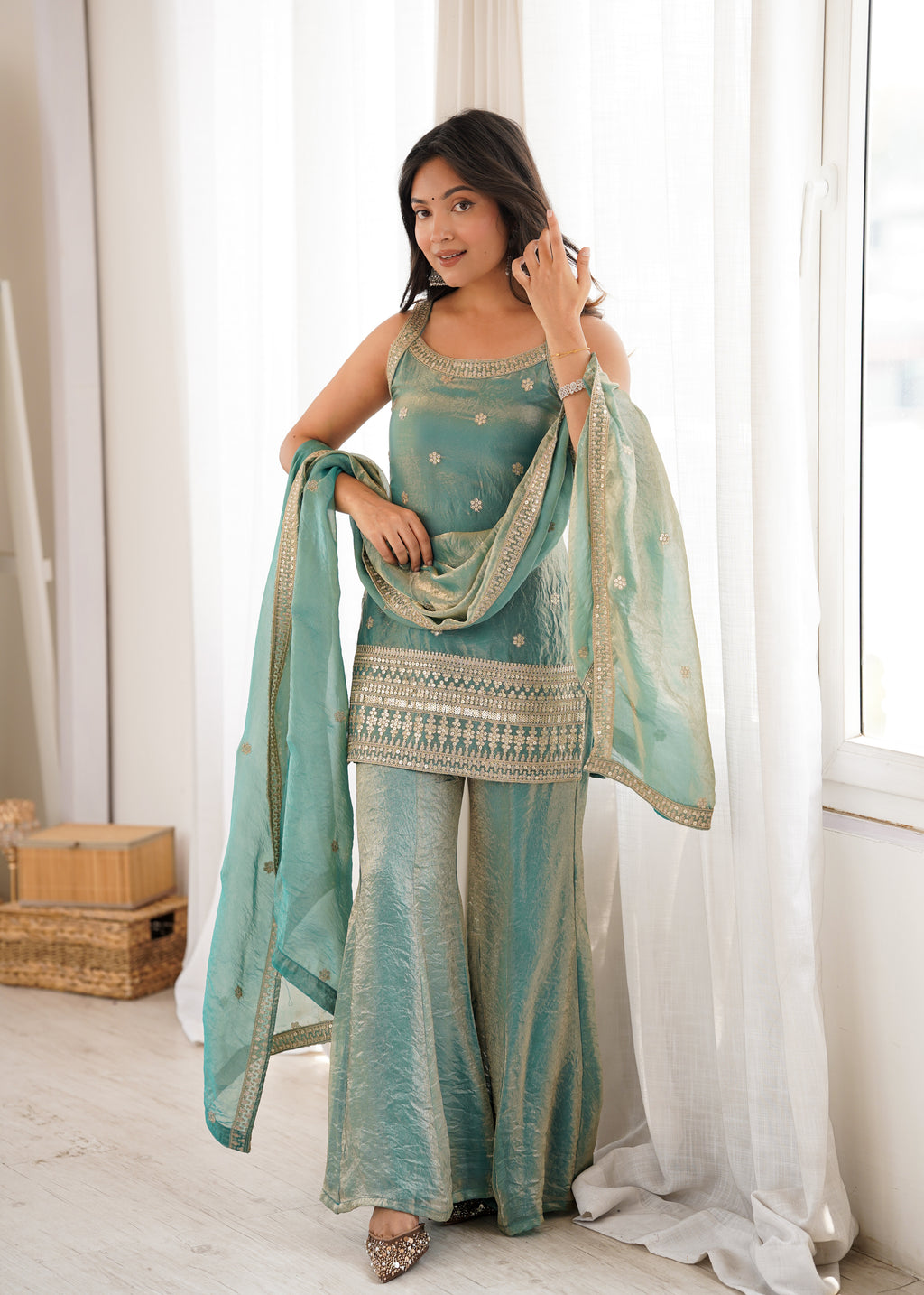 Fendy Silk Embroidered Dori & Jari Work Bell Bottom Suit with Lace Dupatta
