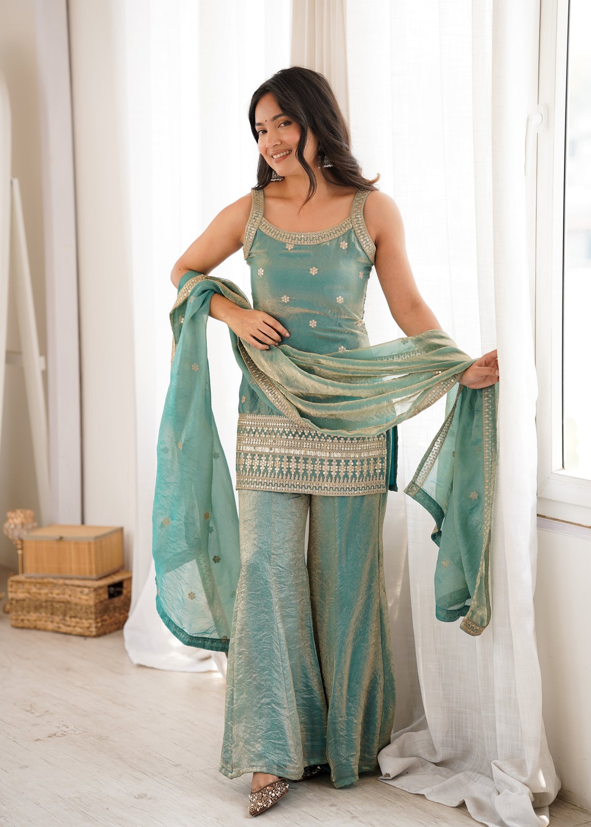 Fendy Silk Embroidered Dori & Jari Work Bell Bottom Suit with Lace Dupatta