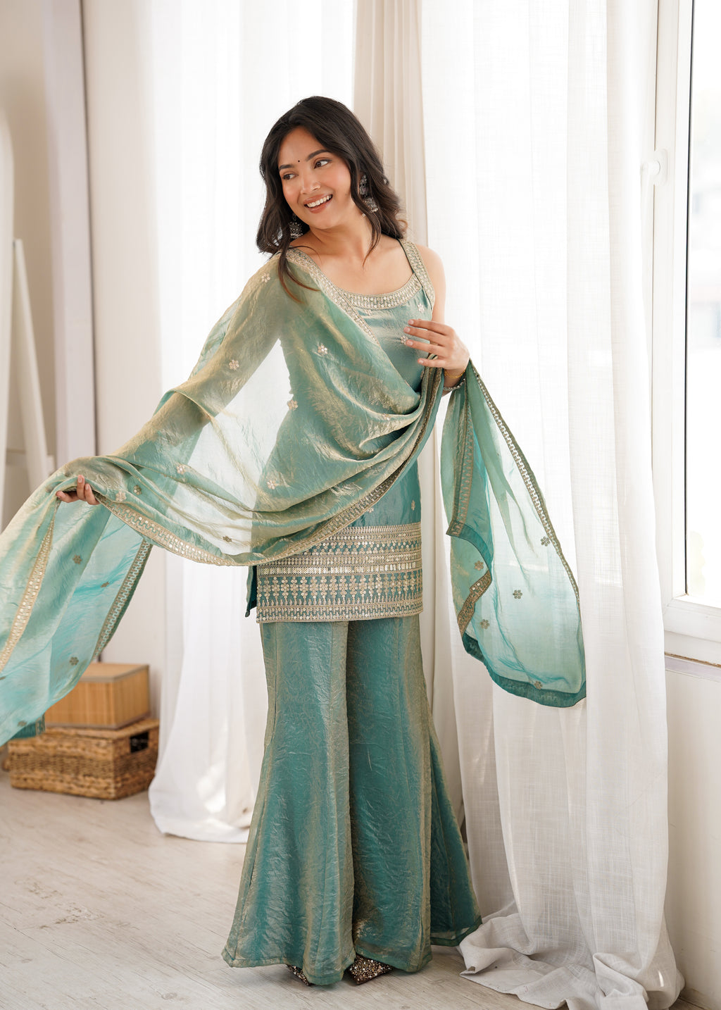 Fendy Silk Embroidered Dori & Jari Work Bell Bottom Suit with Lace Dupatta