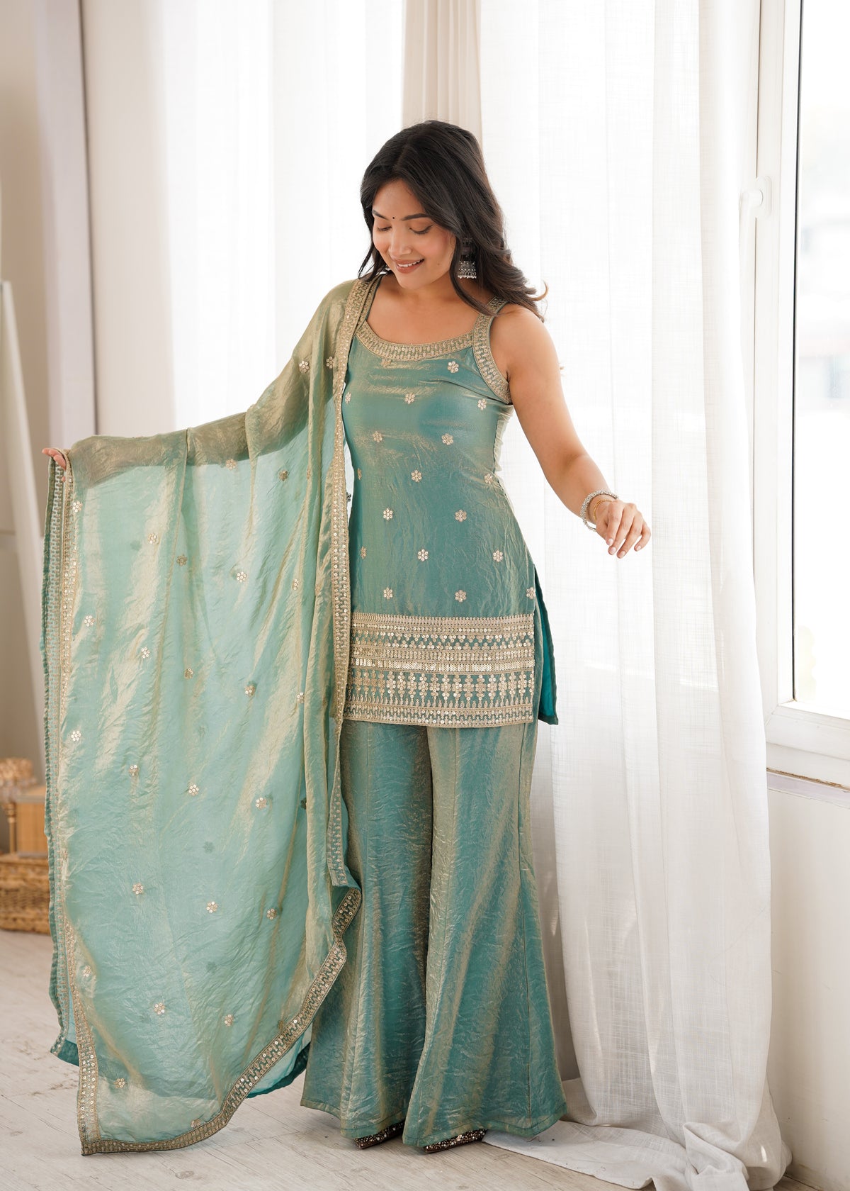 Fendy Silk Embroidered Dori & Jari Work Bell Bottom Suit with Lace Dupatta