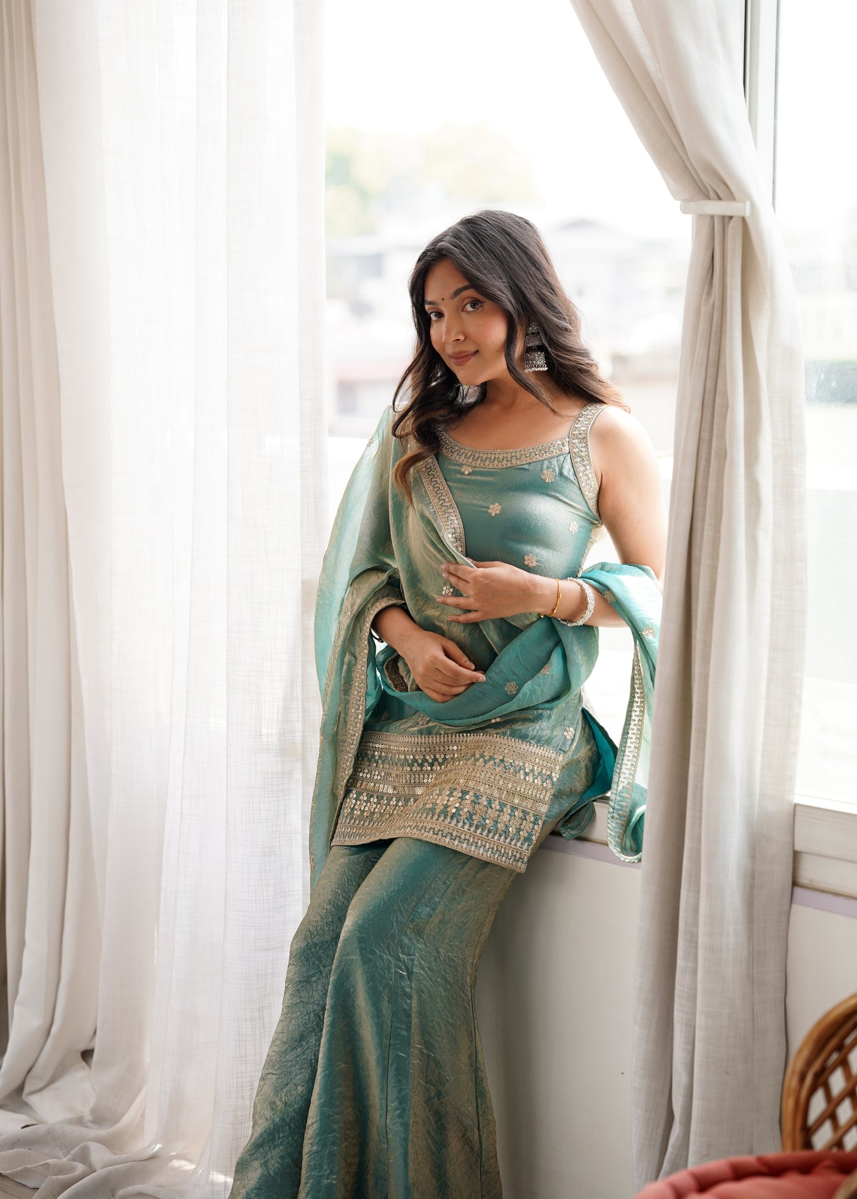 Fendy Silk Embroidered Dori & Jari Work Bell Bottom Suit with Lace Dupatta