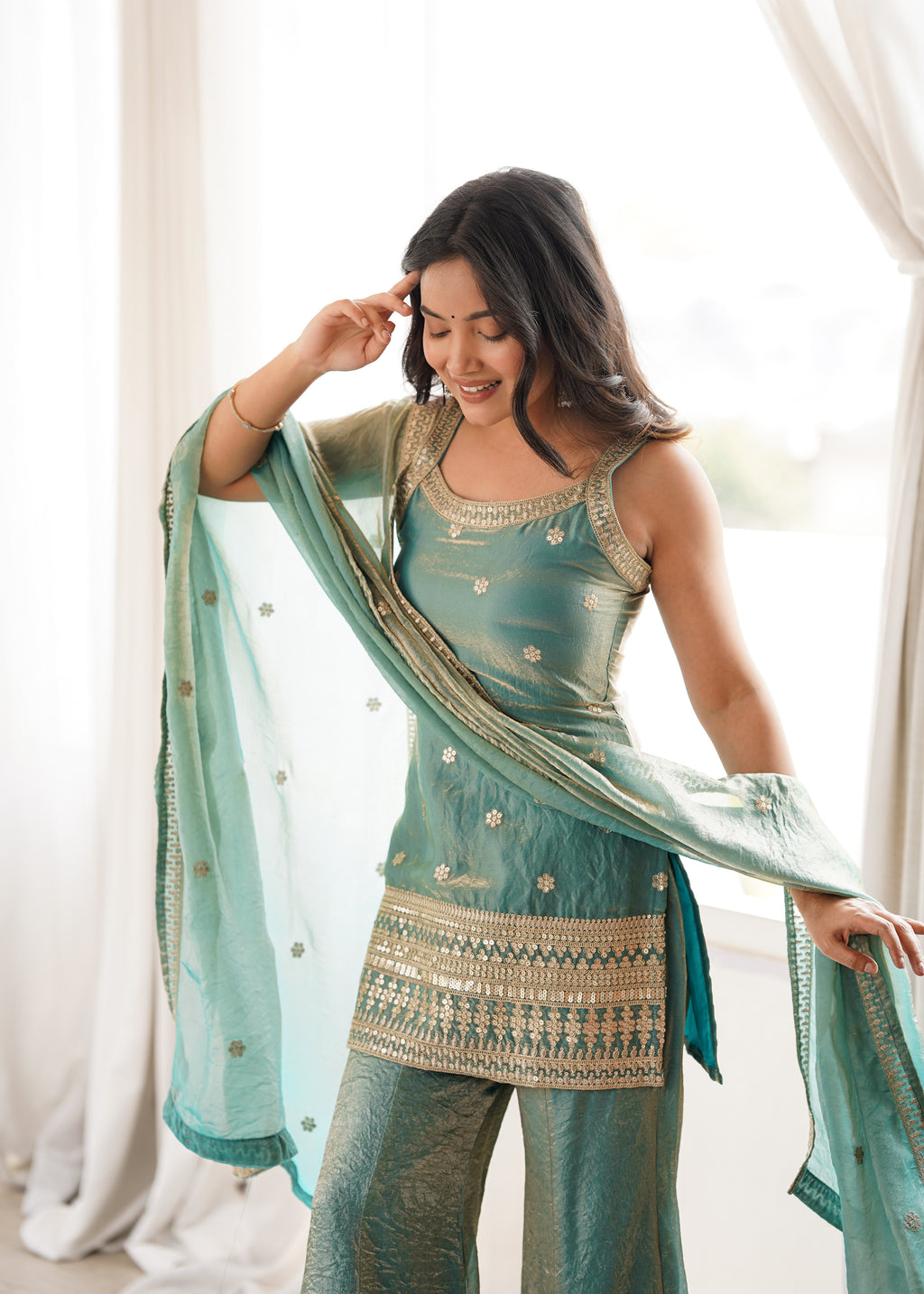 Fendy Silk Embroidered Dori & Jari Work Bell Bottom Suit with Lace Dupatta