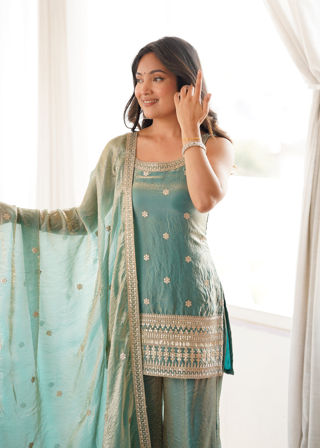 Fendy Silk Embroidered Dori & Jari Work Bell Bottom Suit with Lace Dupatta