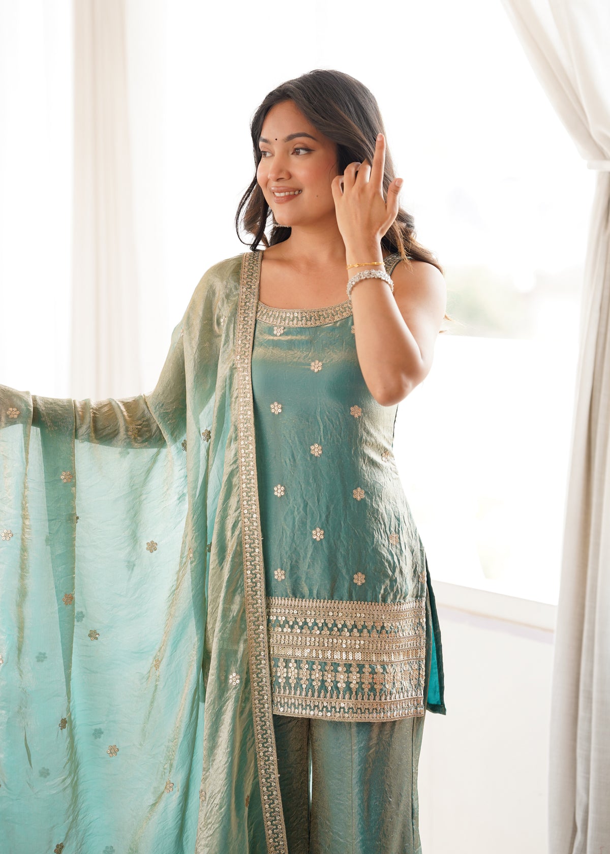 Fendy Silk Embroidered Dori & Jari Work Bell Bottom Suit with Lace Dupatta