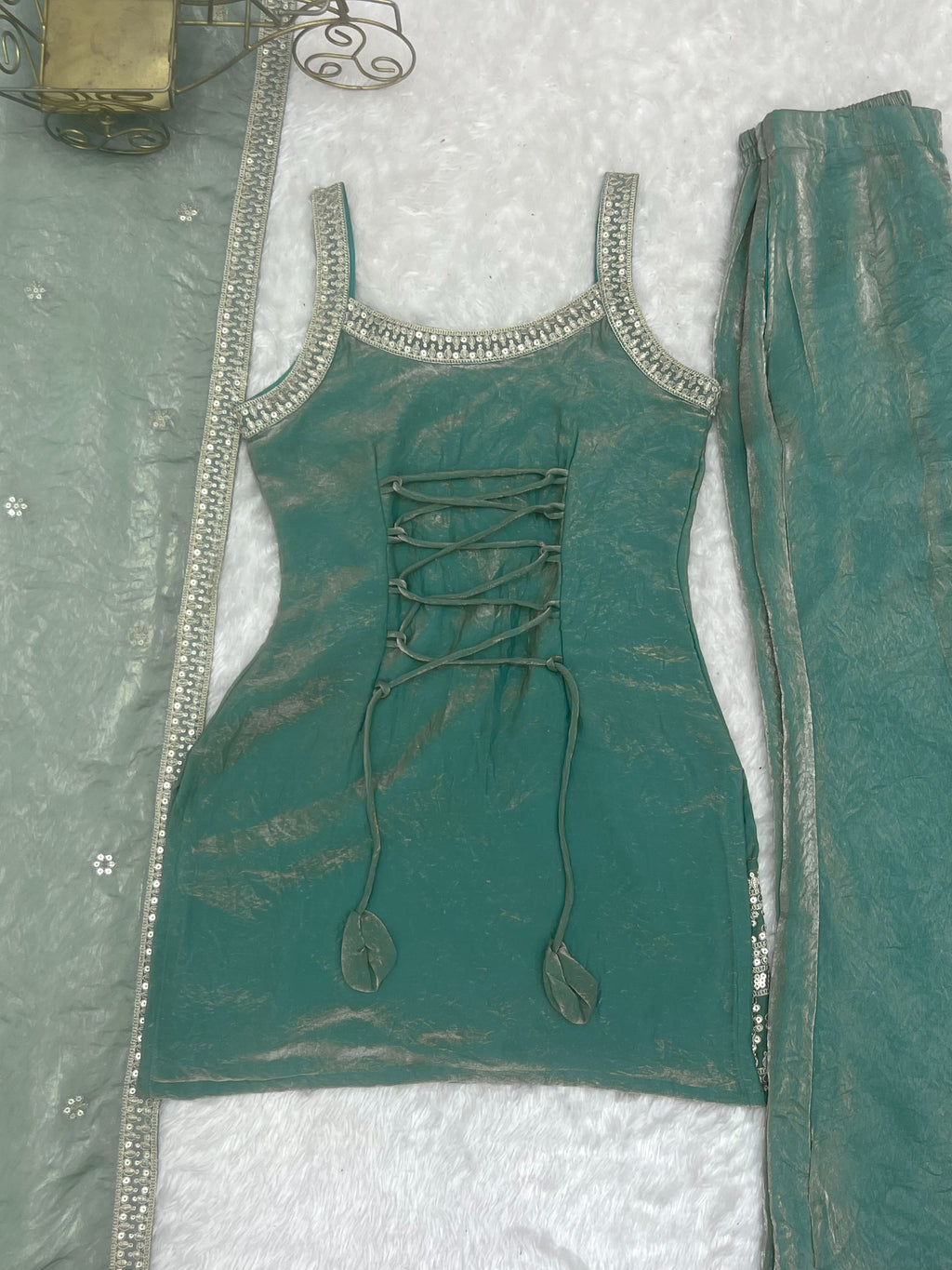 Fendy Silk Embroidered Dori & Jari Work Bell Bottom Suit with Lace Dupatta
