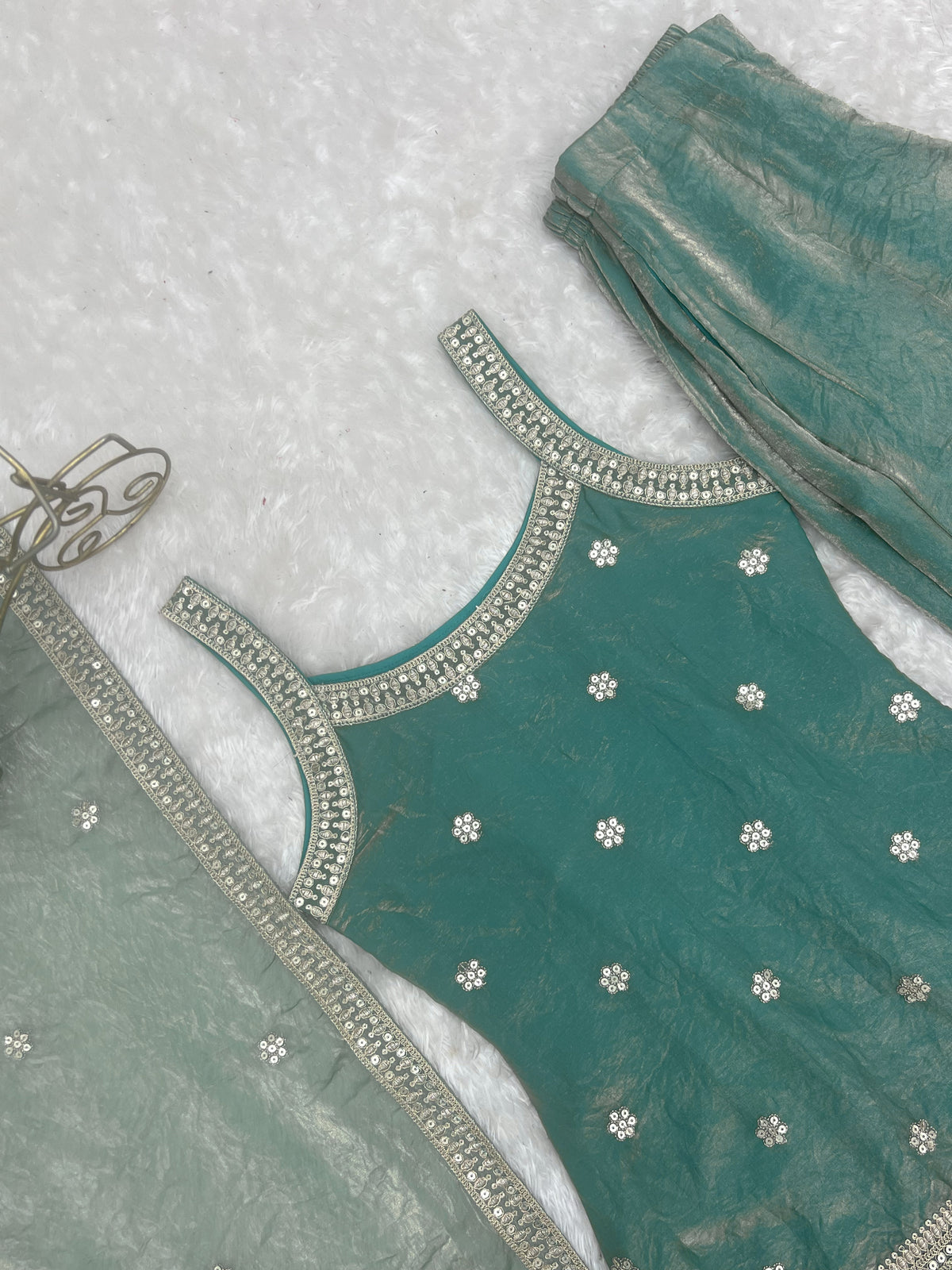 Fendy Silk Embroidered Dori & Jari Work Bell Bottom Suit with Lace Dupatta