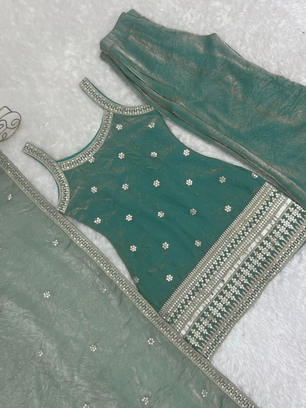 Fendy Silk Embroidered Dori & Jari Work Bell Bottom Suit with Lace Dupatta