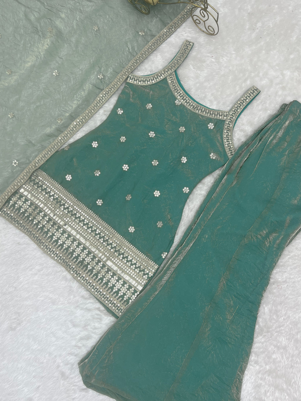 Fendy Silk Embroidered Dori & Jari Work Bell Bottom Suit with Lace Dupatta