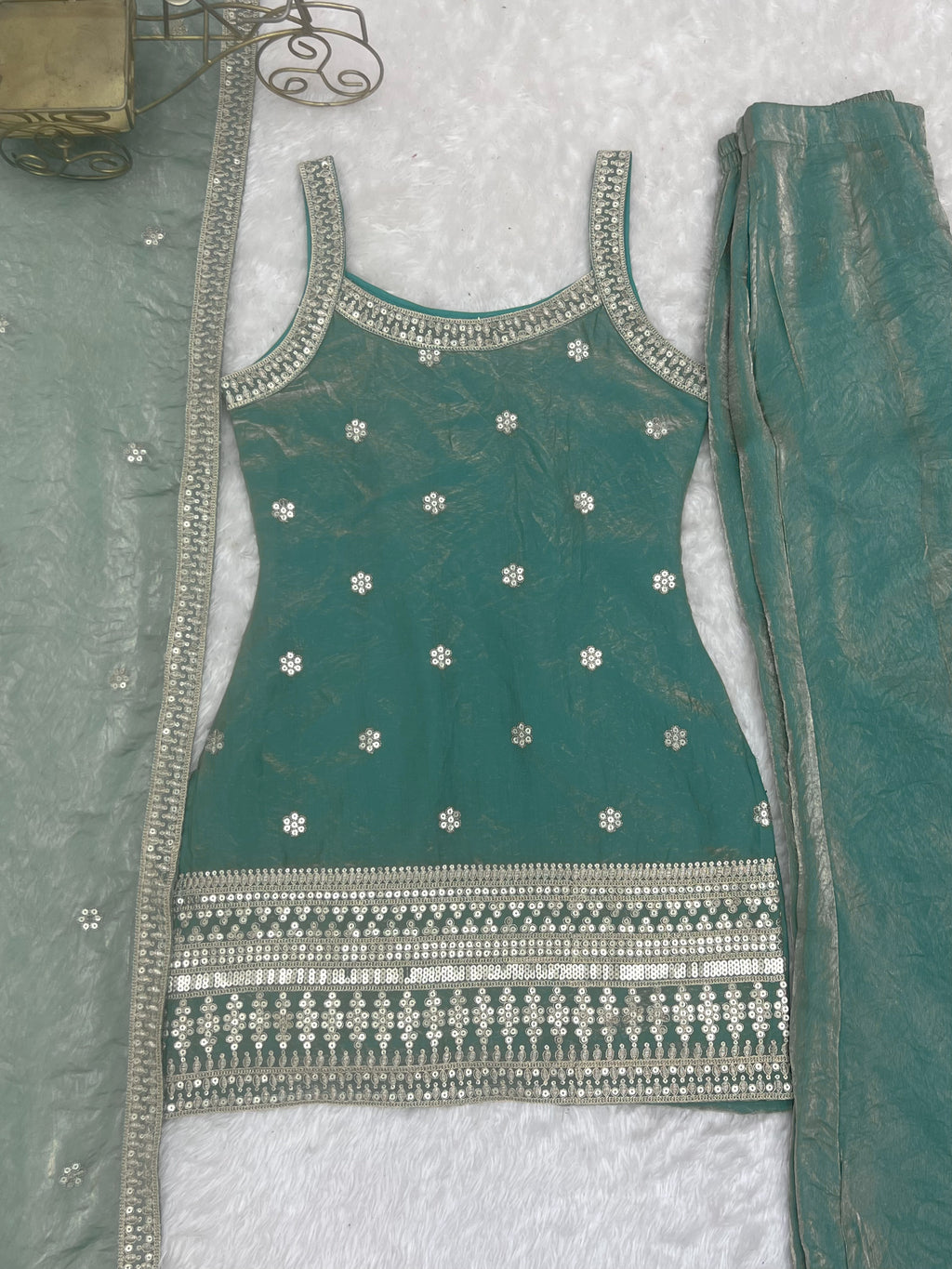 Fendy Silk Embroidered Dori & Jari Work Bell Bottom Suit with Lace Dupatta