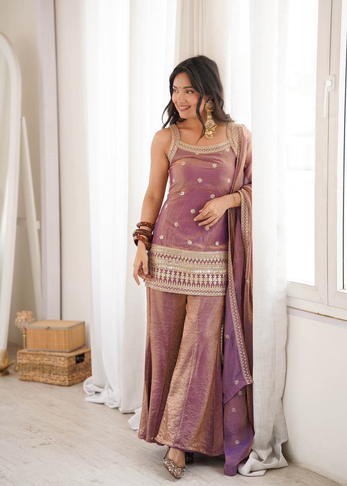 Fendy Silk Embroidered Dori & Jari Work Bell Bottom Suit with Lace Dupatta