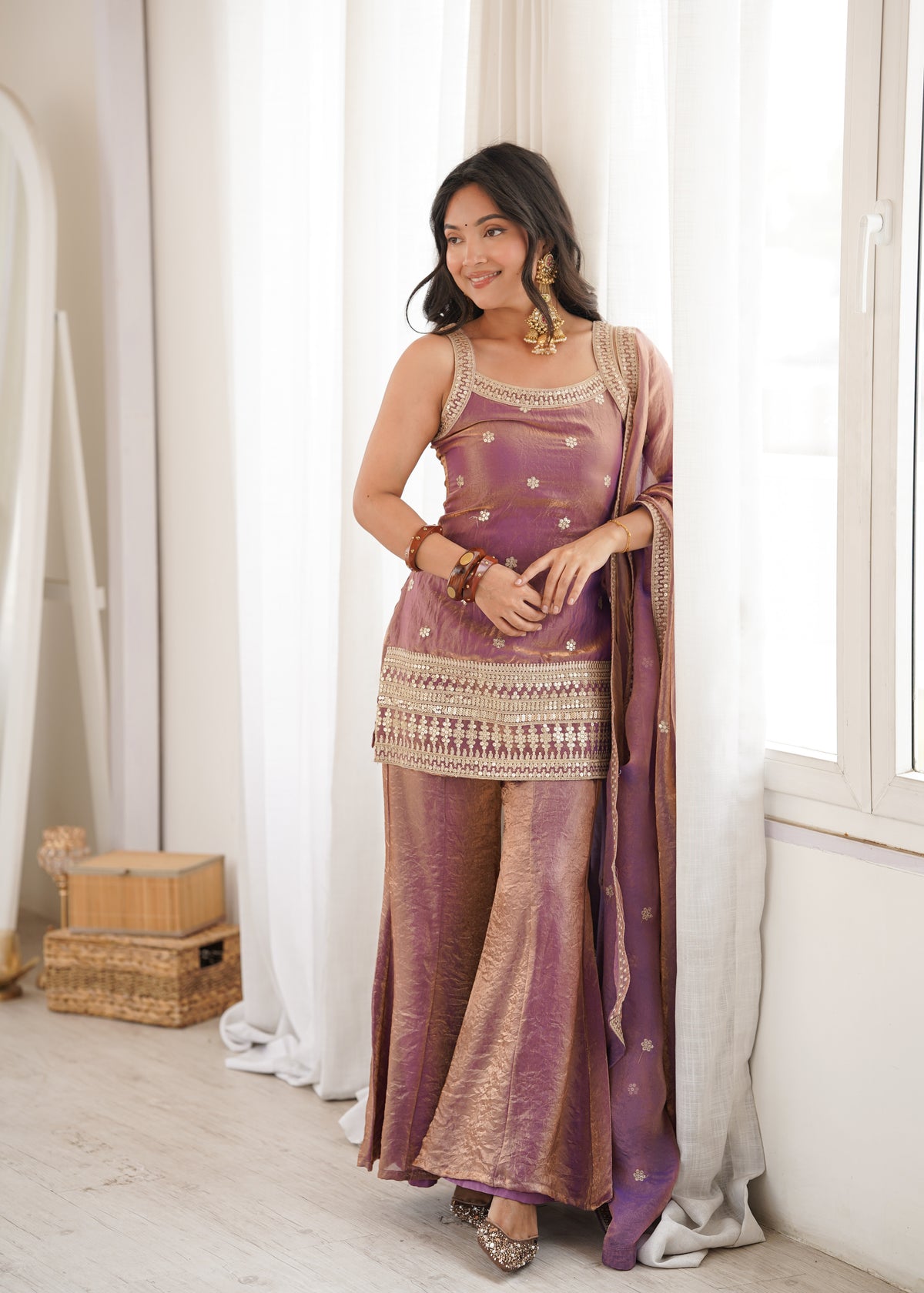Fendy Silk Embroidered Dori & Jari Work Bell Bottom Suit with Lace Dupatta