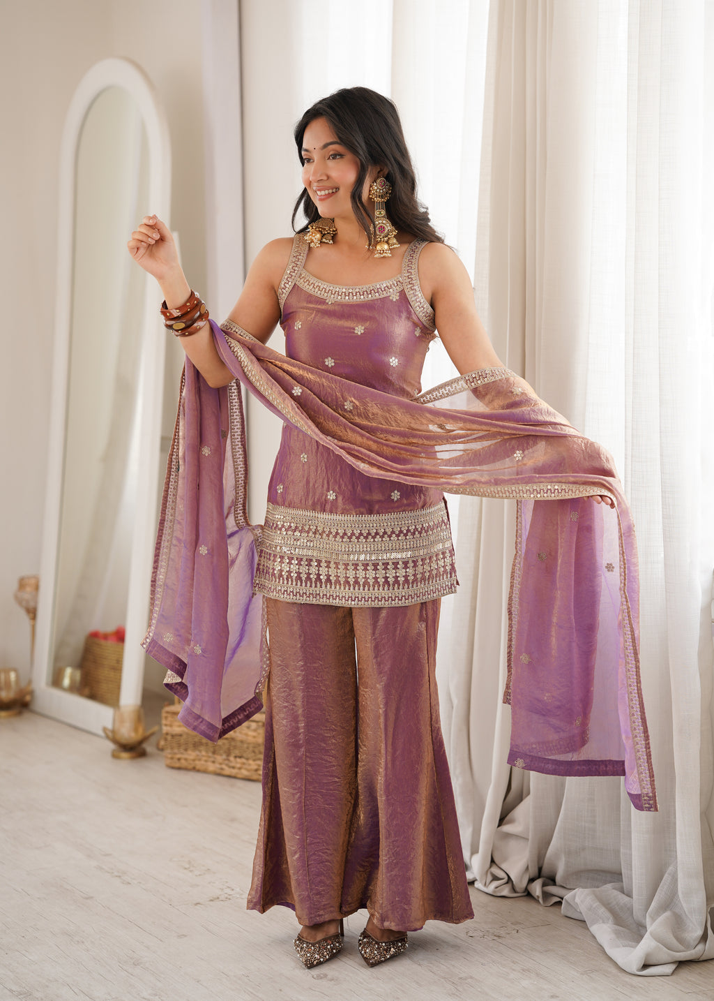 Fendy Silk Embroidered Dori & Jari Work Bell Bottom Suit with Lace Dupatta