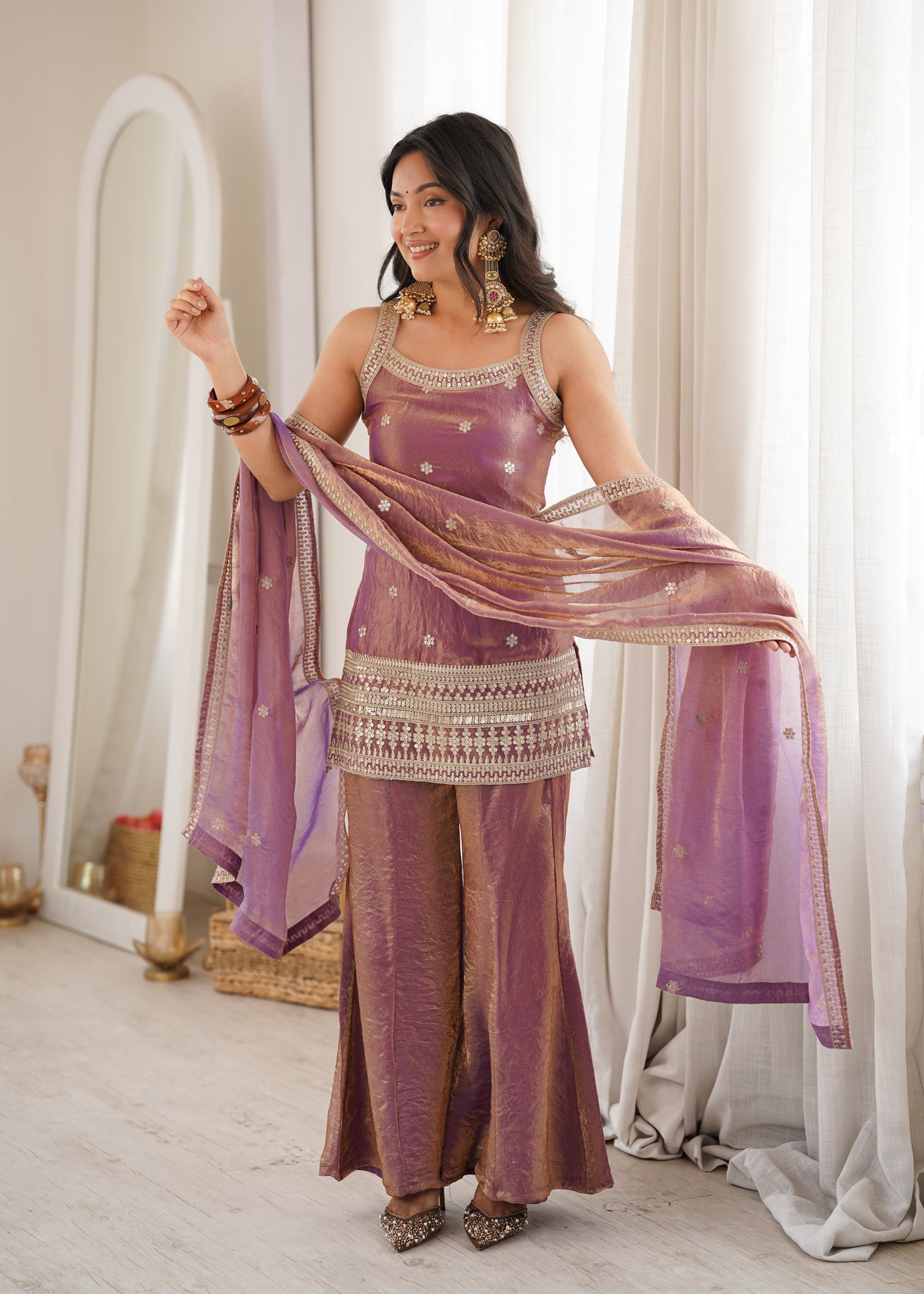 Fendy Silk Embroidered Dori & Jari Work Bell Bottom Suit with Lace Dupatta