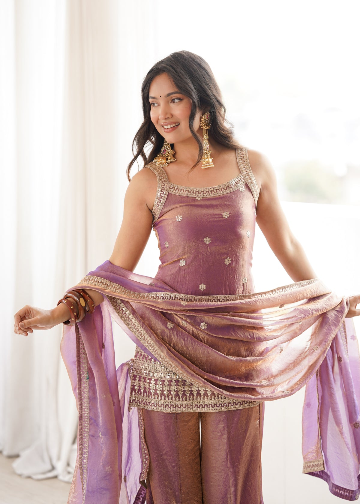 Fendy Silk Embroidered Dori & Jari Work Bell Bottom Suit with Lace Dupatta