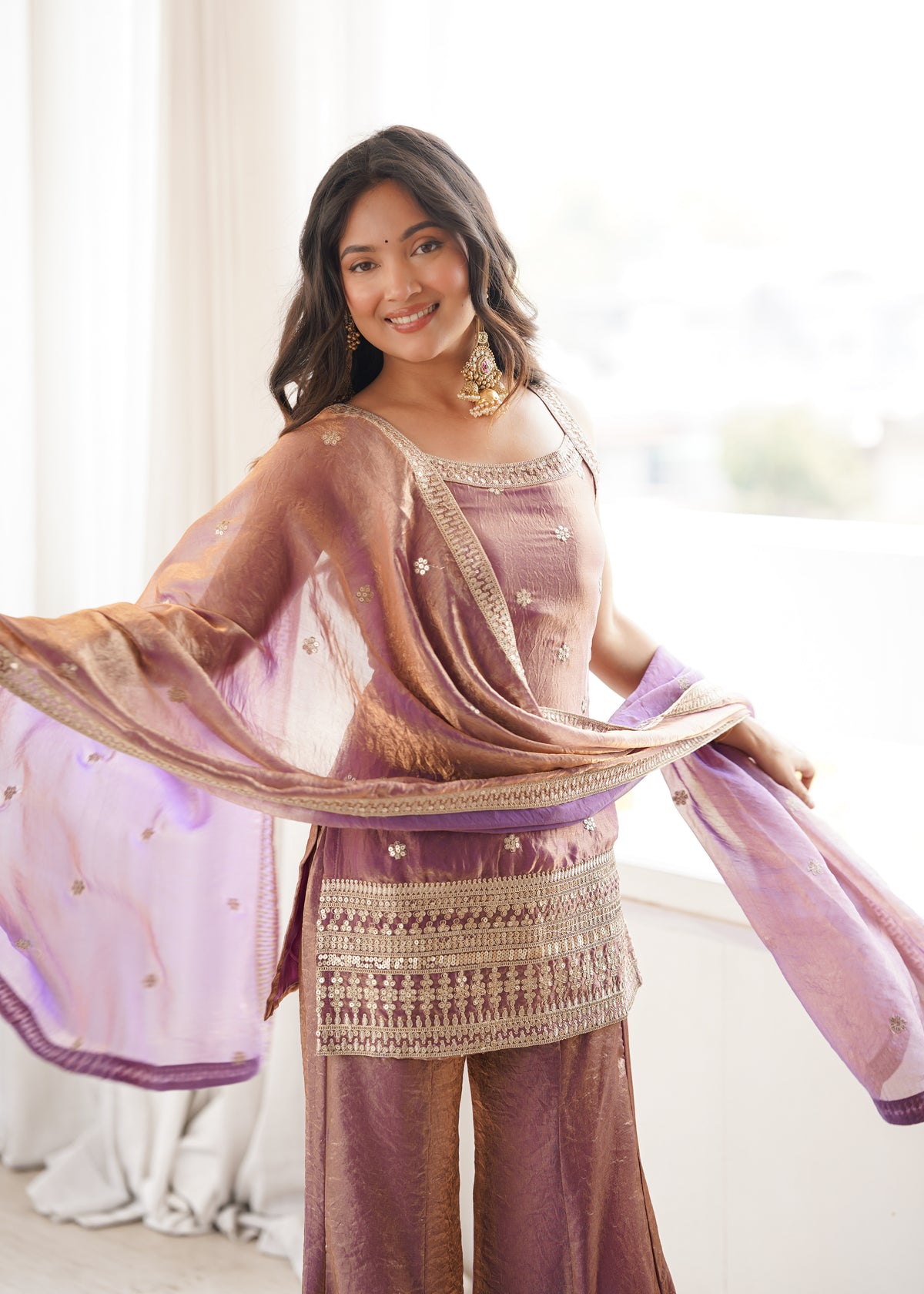 Fendy Silk Embroidered Dori & Jari Work Bell Bottom Suit with Lace Dupatta