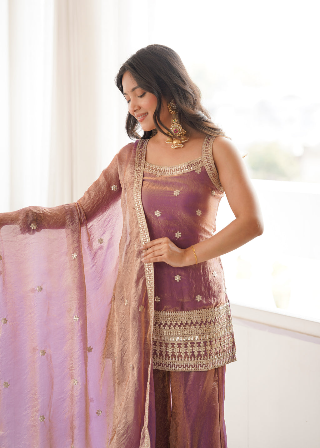 Fendy Silk Embroidered Dori & Jari Work Bell Bottom Suit with Lace Dupatta