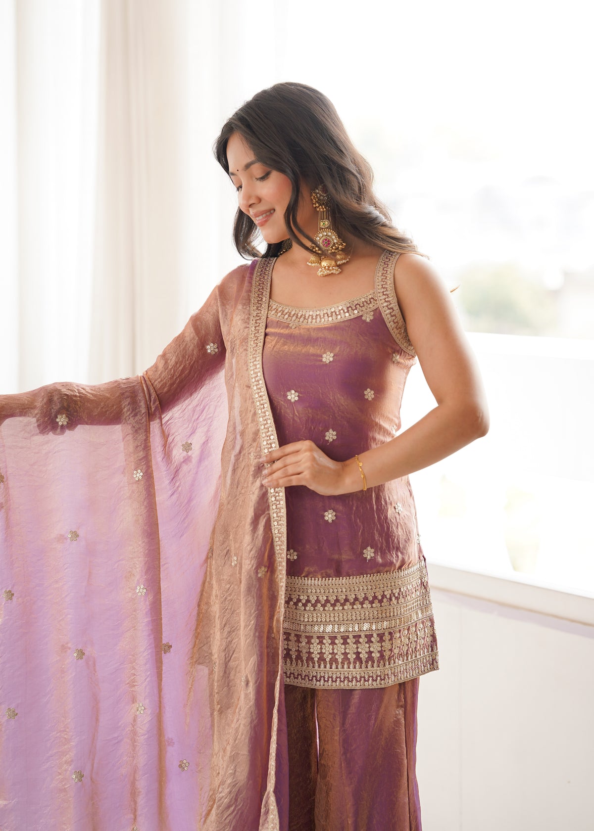 Fendy Silk Embroidered Dori & Jari Work Bell Bottom Suit with Lace Dupatta