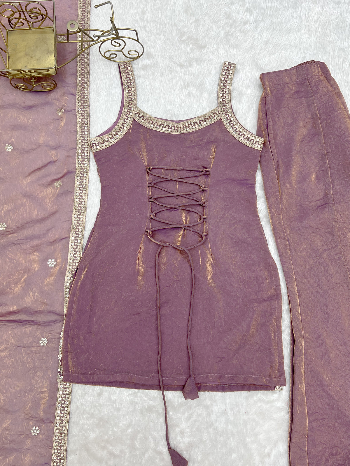 Fendy Silk Embroidered Dori & Jari Work Bell Bottom Suit with Lace Dupatta