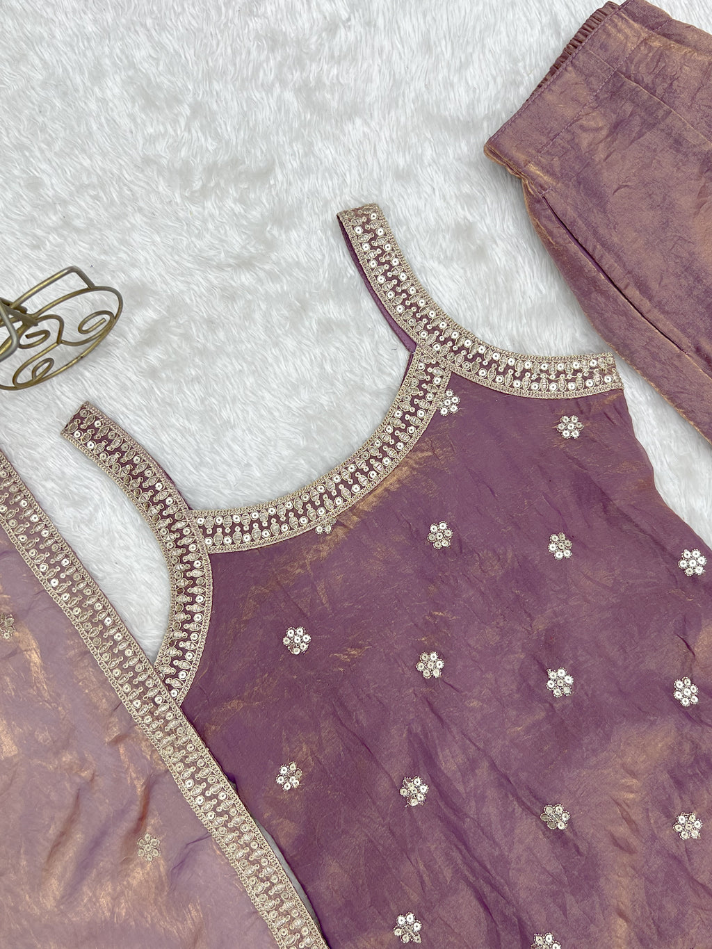Fendy Silk Embroidered Dori & Jari Work Bell Bottom Suit with Lace Dupatta