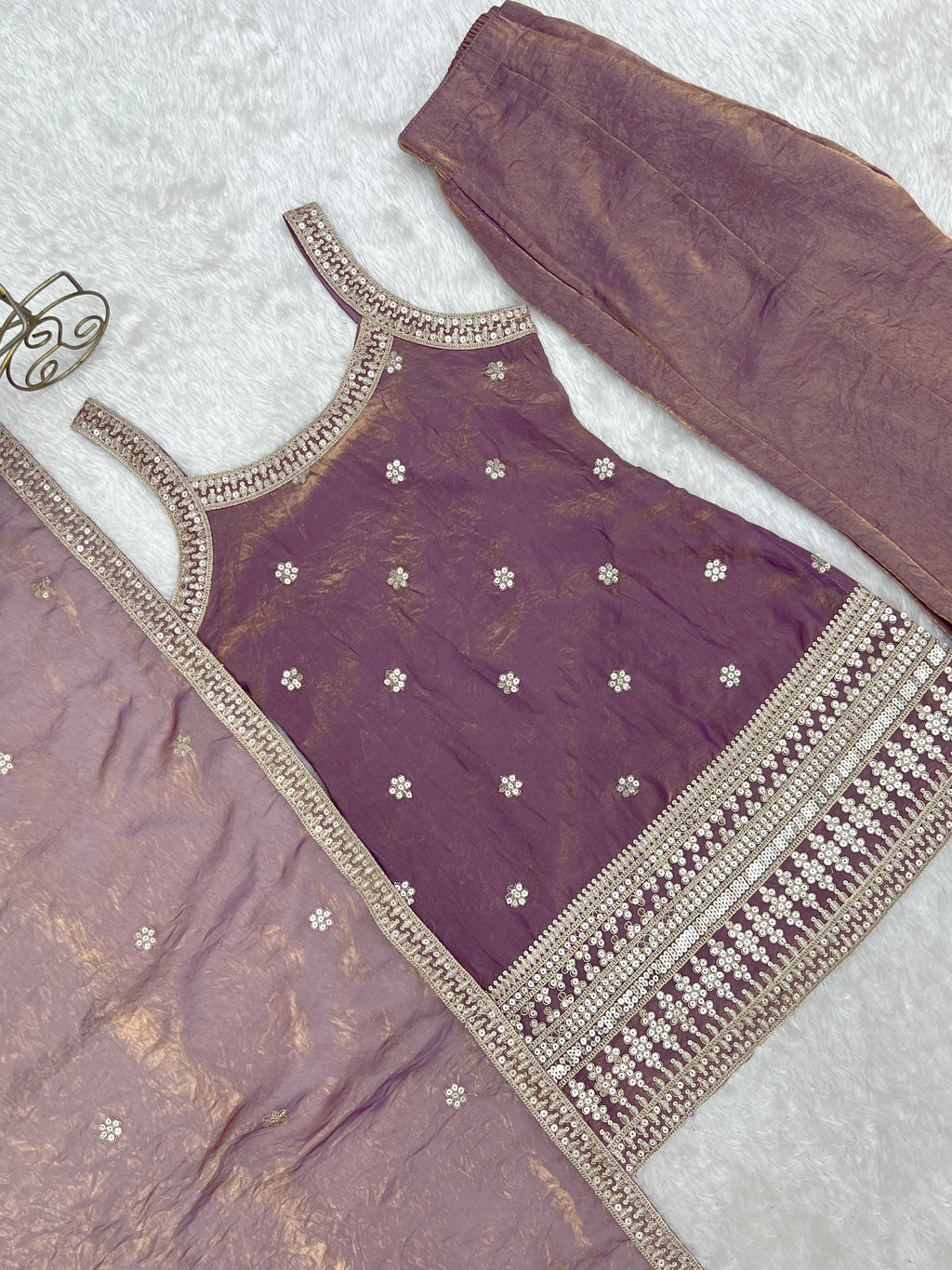 Fendy Silk Embroidered Dori & Jari Work Bell Bottom Suit with Lace Dupatta