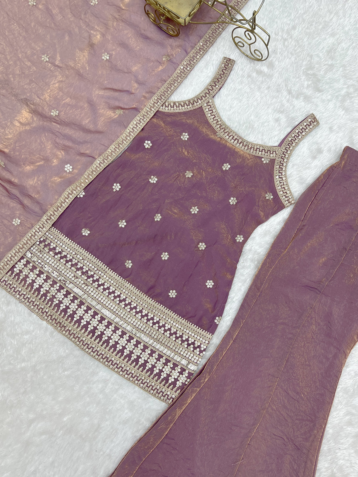 Fendy Silk Embroidered Dori & Jari Work Bell Bottom Suit with Lace Dupatta