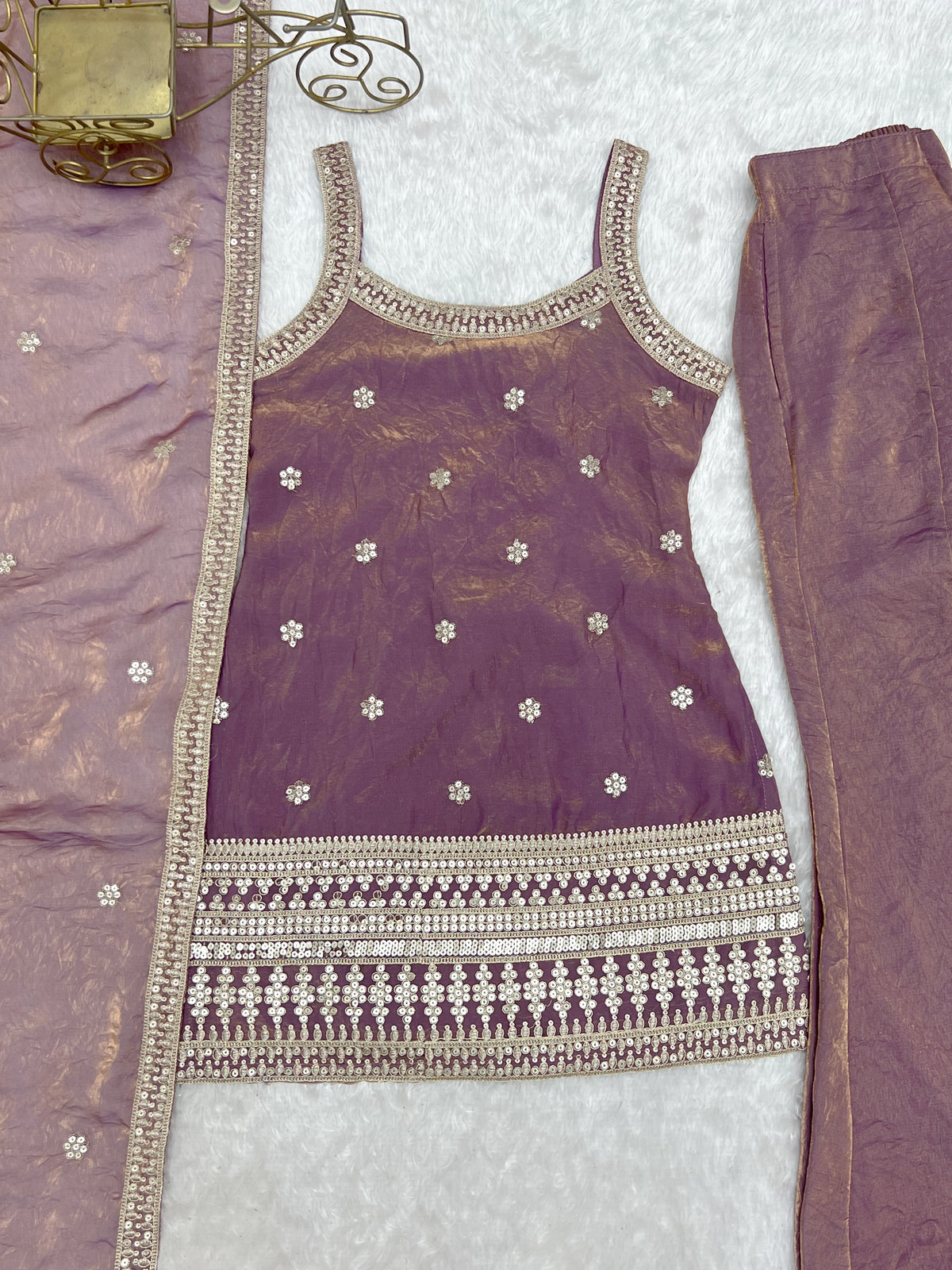 Fendy Silk Embroidered Dori & Jari Work Bell Bottom Suit with Lace Dupatta