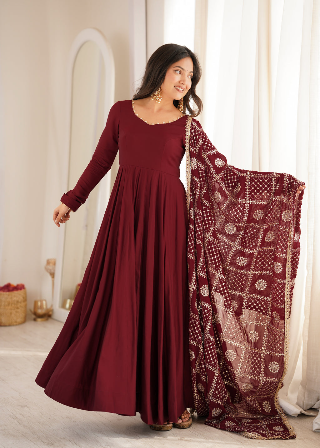 Yellow & Maroon RomanSilk Chanderi 16-Kali Flared Anarkali Suit Set with Embroidered Dupatta & Pant