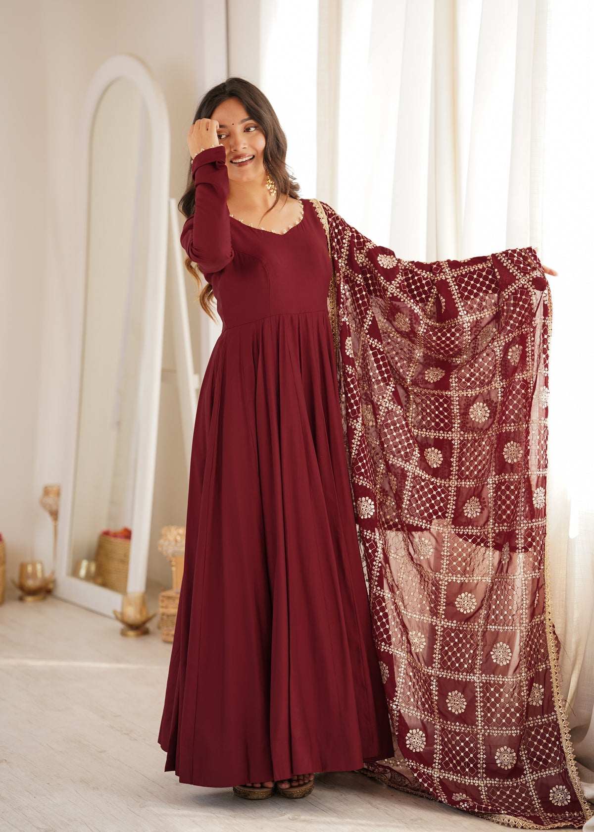 Yellow & Maroon RomanSilk Chanderi 16-Kali Flared Anarkali Suit Set with Embroidered Dupatta & Pant
