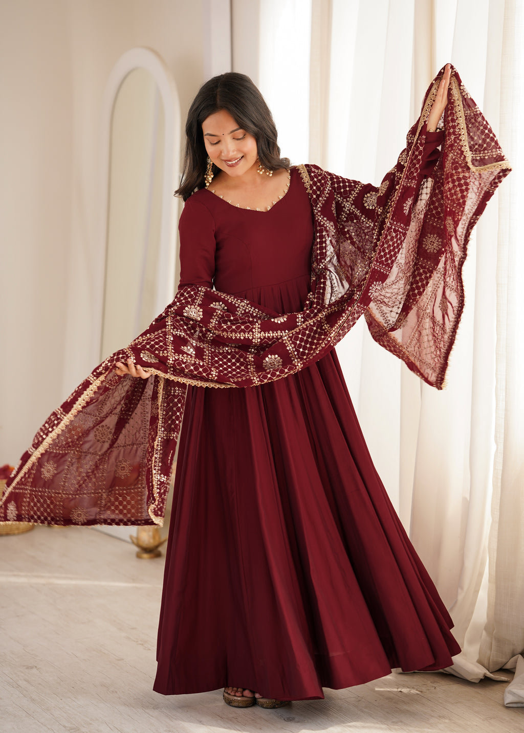 Yellow & Maroon RomanSilk Chanderi 16-Kali Flared Anarkali Suit Set with Embroidered Dupatta & Pant