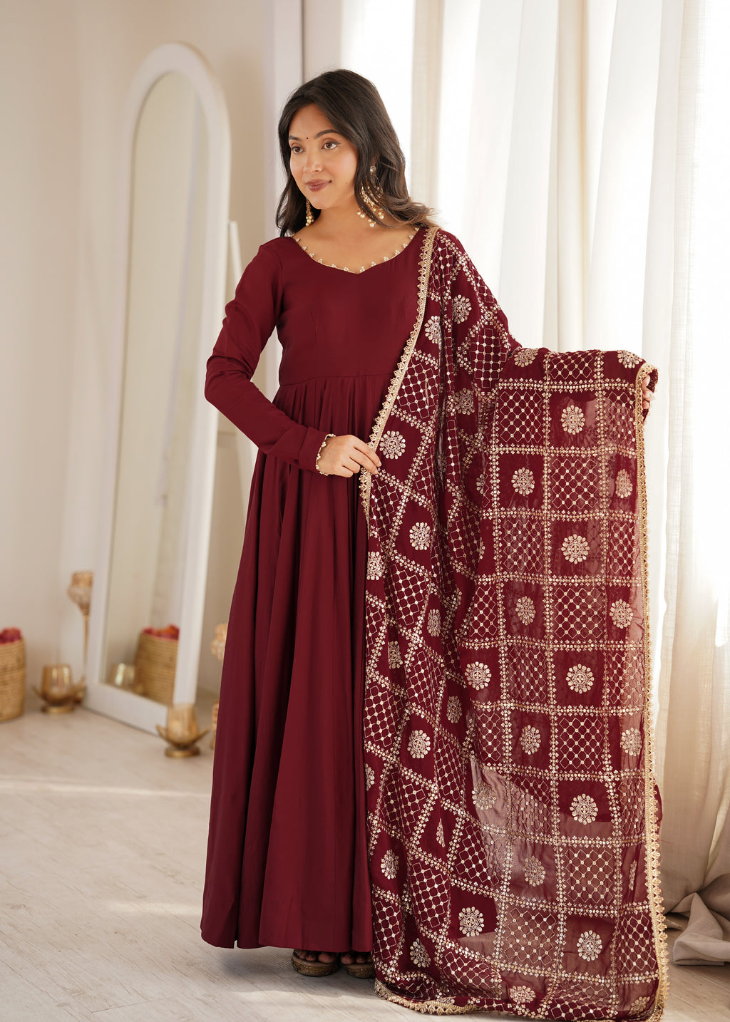Yellow & Maroon RomanSilk Chanderi 16-Kali Flared Anarkali Suit Set with Embroidered Dupatta & Pant