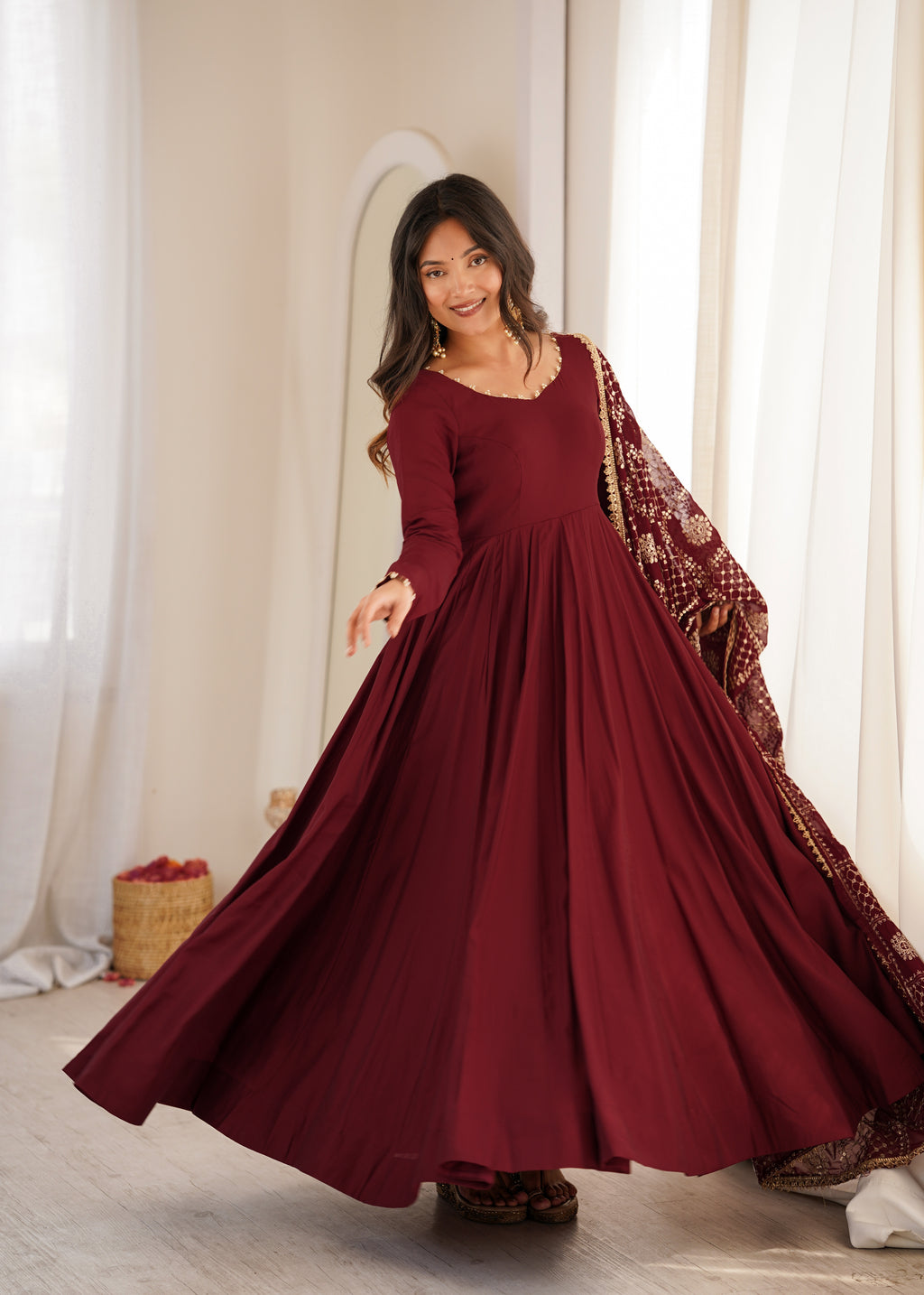 Yellow & Maroon RomanSilk Chanderi 16-Kali Flared Anarkali Suit Set with Embroidered Dupatta & Pant
