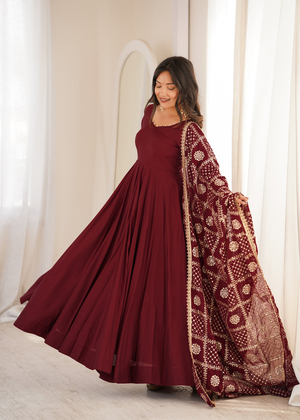 Yellow & Maroon RomanSilk Chanderi 16-Kali Flared Anarkali Suit Set with Embroidered Dupatta & Pant