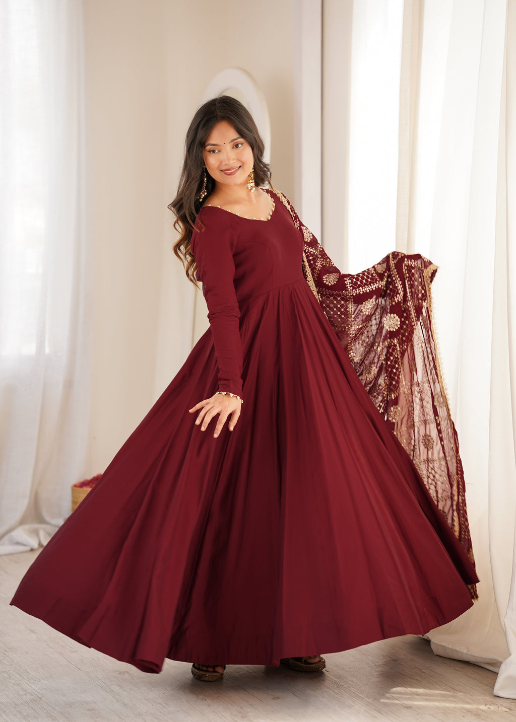 Yellow & Maroon RomanSilk Chanderi 16-Kali Flared Anarkali Suit Set with Embroidered Dupatta & Pant