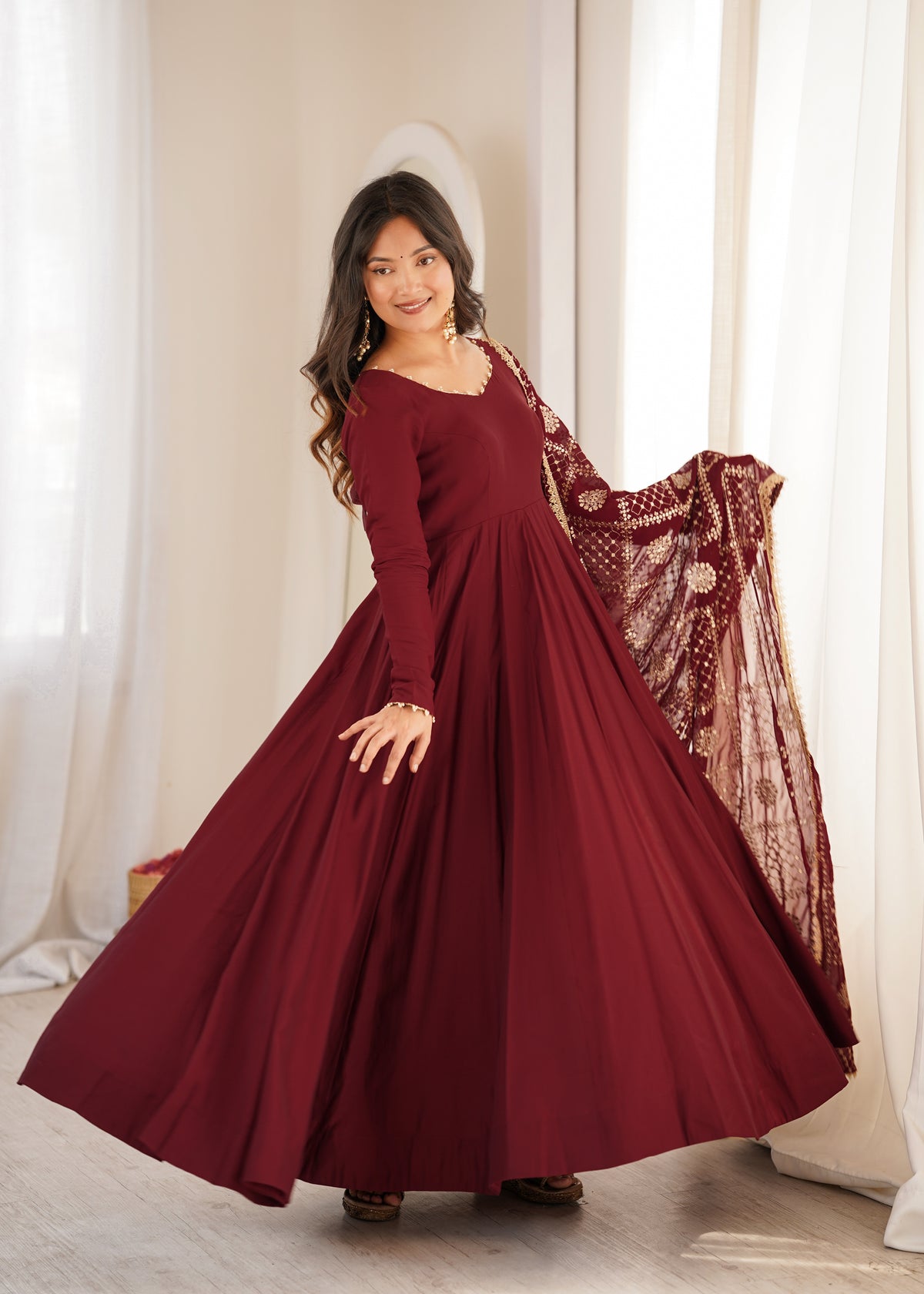 Yellow & Maroon RomanSilk Chanderi 16-Kali Flared Anarkali Suit Set with Embroidered Dupatta & Pant