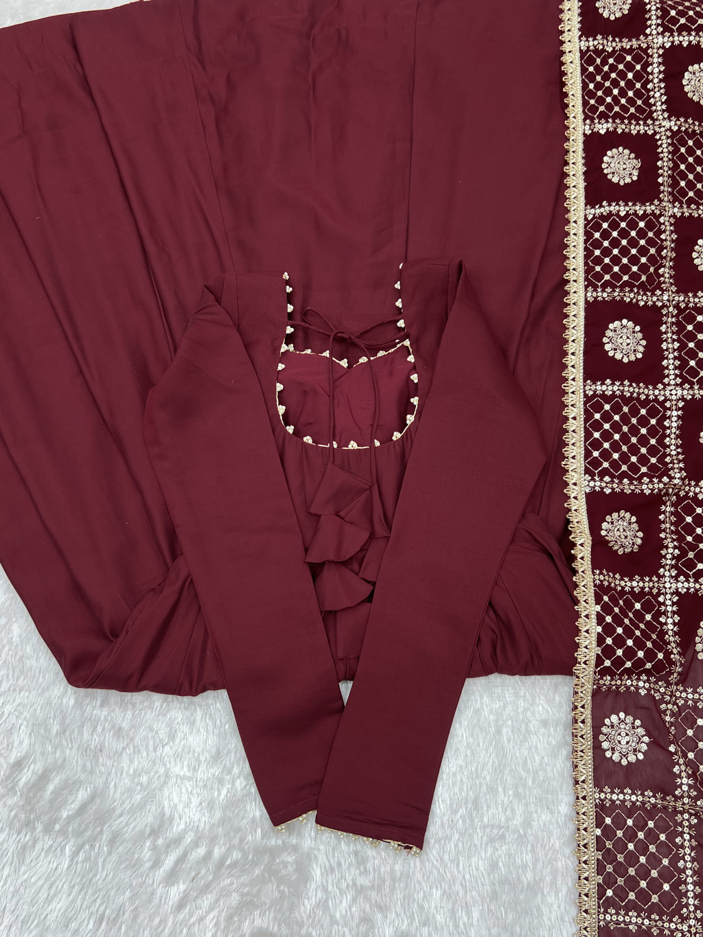 Yellow & Maroon RomanSilk Chanderi 16-Kali Flared Anarkali Suit Set with Embroidered Dupatta & Pant