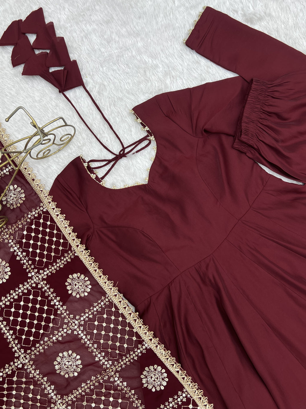Yellow & Maroon RomanSilk Chanderi 16-Kali Flared Anarkali Suit Set with Embroidered Dupatta & Pant