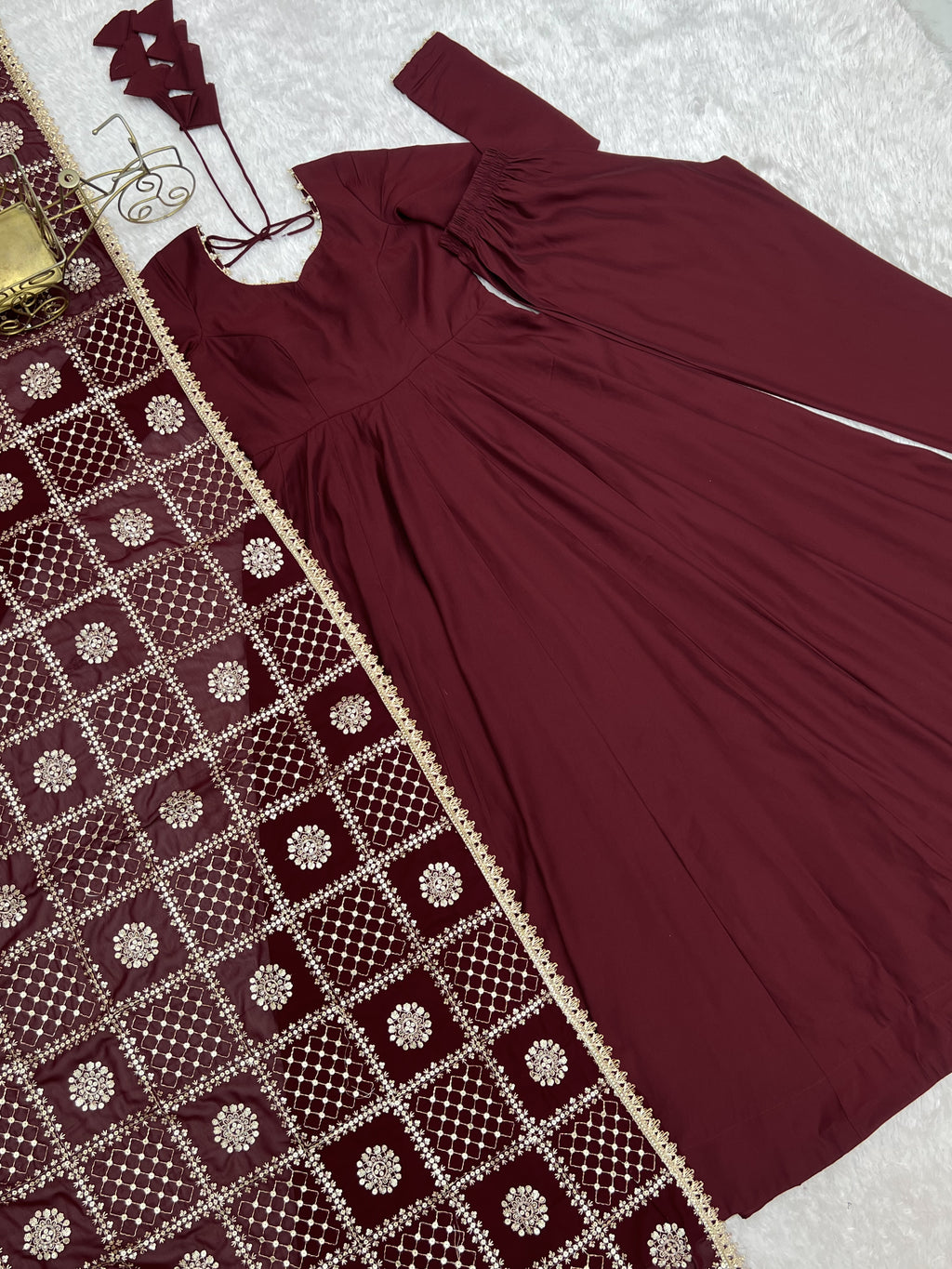Yellow & Maroon RomanSilk Chanderi 16-Kali Flared Anarkali Suit Set with Embroidered Dupatta & Pant
