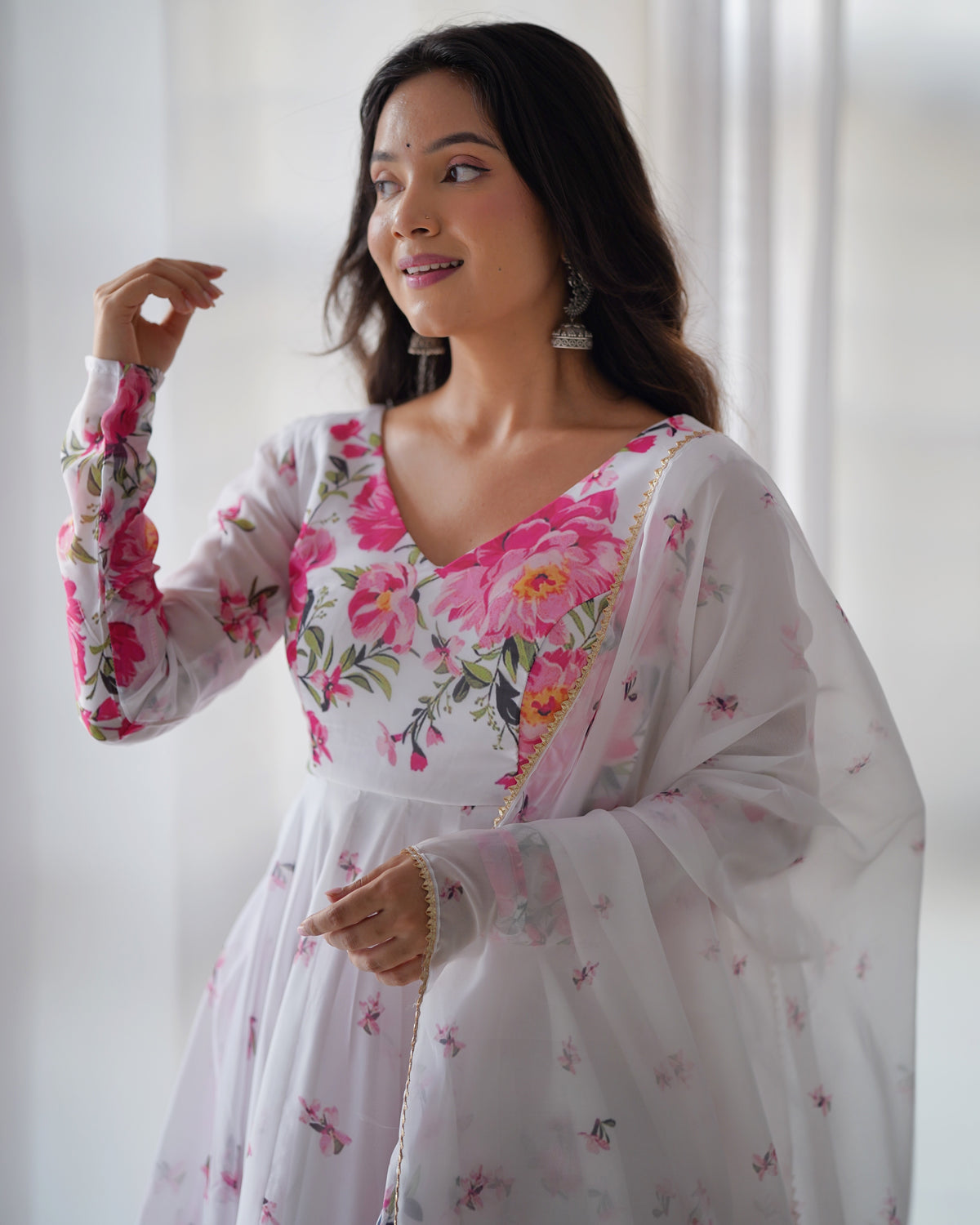 Organza Silk Printed Kali Anarkali Set with 4M Flair & Gota Patti Dupatta