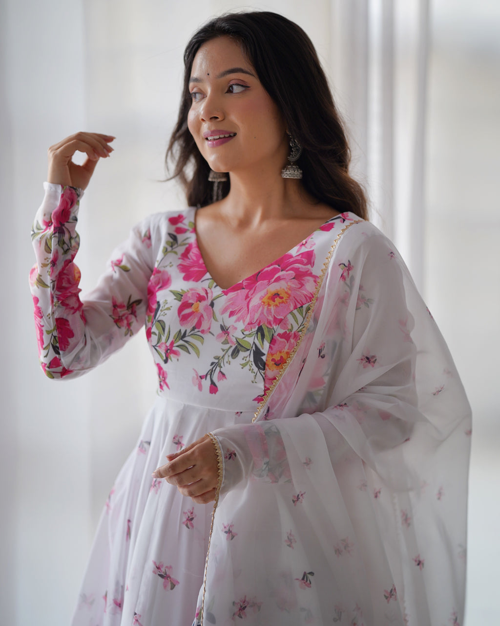 Organza Silk Printed Kali Anarkali Set with 4M Flair & Gota Patti Dupatta