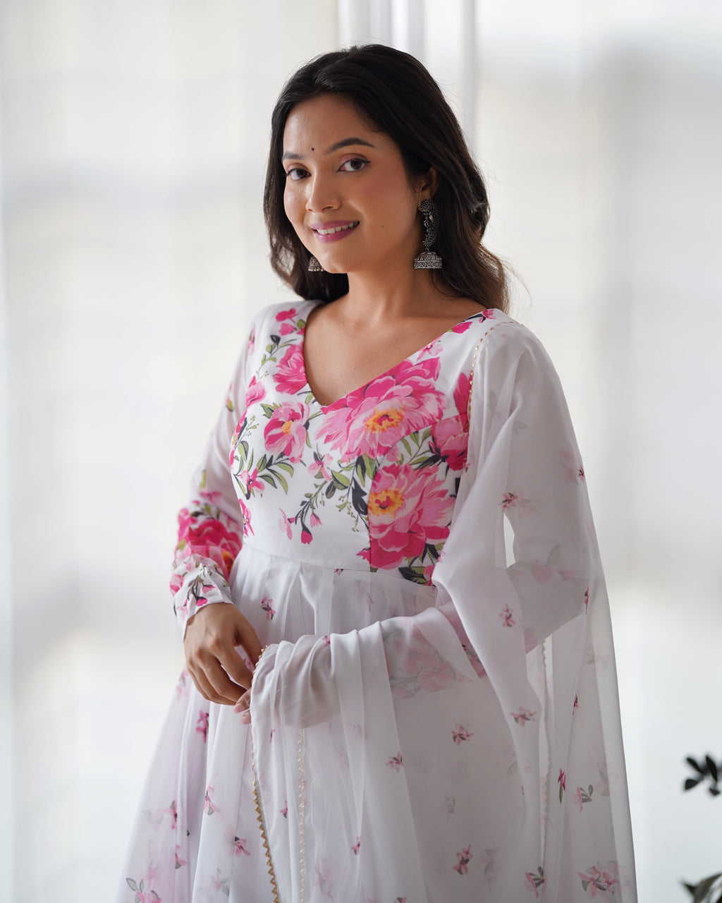 Organza Silk Printed Kali Anarkali Set with 4M Flair & Gota Patti Dupatta